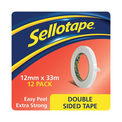 This Sellotape Double Sided Tape is coated on both sides with a strong adhesive and is ideal for mounting displays, crafts, and more. The tape is easy tear and features an easy to remove backing for quick application. This pack contains 12 large core rolls measuring 12mm x 33m.