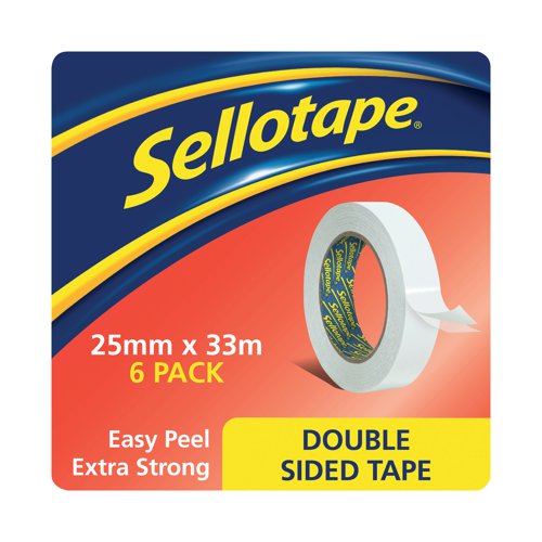 This Sellotape Double Sided Tape is coated on both sides with a strong adhesive and is ideal for mounting displays, crafts, and more. The tape is easy tear and features an easy to remove backing for quick application. This pack contains 6 large core rolls measuring 25mm x 33m.