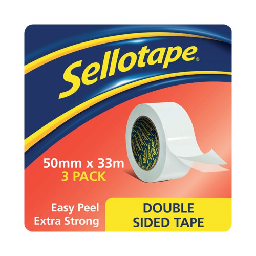 This Sellotape Double Sided Tape is coated on both sides with a strong adhesive and is ideal for mounting displays, crafts, and more. The tape is easy tear and features an easy to remove backing for quick application. This pack contains 3 large core rolls measuring 50mm x 33m.
