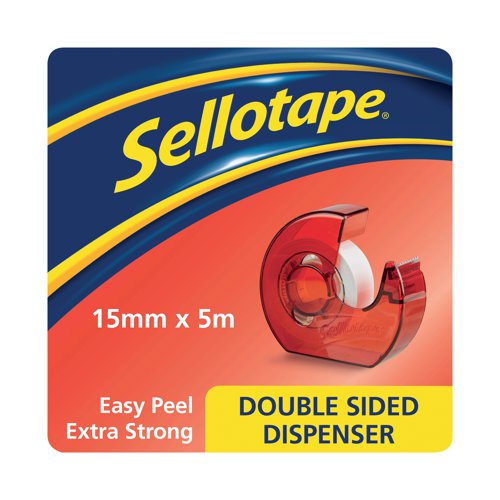 SE4275 | This Sellotape Double Sided Tape is coated on both sides with a strong adhesive and is ideal for mounting displays, crafts, and more. The tape is easy tear and features an easy to remove backing for quick application. This pack contains 1 small core roll measuring 15mm x 5m and comes with a dispenser.