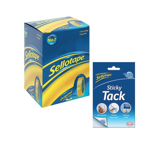 Ideal for everyday use, this Sellotape Original Golden Tape provides excellent adhesion and outstanding control. An easy tear roll lets you cleanly break off a piece of tape, without the need for scissors. This non-static, clear tape will bond paper, card and other materials quickly and efficiently. This pack contains 6 large core rolls of tape measuring 24mm x 66m plus a FREE 45g pack of Sellotape Sticky Tack.