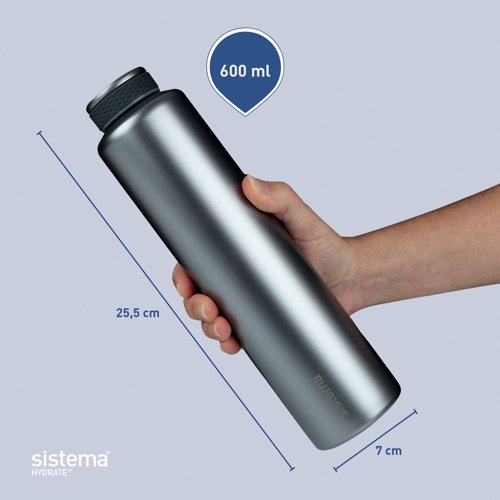 SIS05200 | The Sistema Hydrate stainless steel bottle is perfect for school, work, sports and picnics to keep hydrated on the go. Simply fill the 600ml bottle and close the leak-proof screw-on lid. The stainless steel bottle has been designed with double wall vacuum insulation to encapsulate beverage temperatures for longer, keeping them hot up to 6 hours and cold up to 12 hours. Made from high quality stainless steel that will not rust over time.