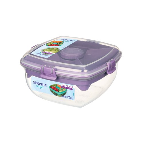 The Sistema Salad Max TO GO is a larger version of the Sistema Salad TO GO and is perfect for transporting larger salads on the go. The divided insert tray and dressing pot keep ingredients separate until ready to eat, while the generous sized base is perfect for mixing salads. The convenient knife and fork clip into the tray and eliminate the need to carry separate cutlery, plus the Sistema easy locking clips and flexible seal keep food fresher for longer.