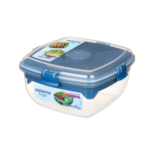 The Sistema Salad Max TO GO is a larger version of the Sistema Salad TO GO and is perfect for transporting larger salads on the go. The divided insert tray and dressing pot keep ingredients separate until ready to eat, while the generous sized base is perfect for mixing salads. The convenient knife and fork clip into the tray and eliminate the need to carry separate cutlery, plus the Sistema easy locking clips and flexible seal keep food fresher for longer.