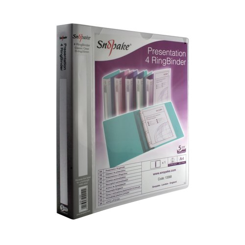 Lightweight and strong, this Snopake Presentation Ring Binder has a top quality, 4 O-ring binding mechanism with a 25mm capacity. Perfect for stylish presentations, the binder features a full length front cover pocket for personalisation, an internal pocket for storing unpunched papers and a business card holder for a professional finish. The binder is made from tough polypropylene with an attractive, transparent 'Superline' finish and is suitable for filing and presenting A4 documents. This pack contains 1 clear ring binder.