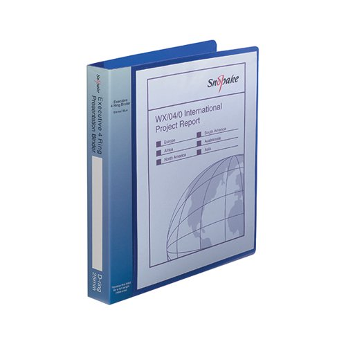 This super strong Snopake executive Presentation Ring Binder is made from 1.8mm thick polypropylene for free-standing storage. The top quality 4D-ring binding mechanism has a 25mm capacity for A4 documents. The binder features a full length cover on the pocket and a reversible spine label for personalisation. Aditionally, the binder comes with an internal pocket for storing unpunched papers and a business card holder for a professional finish. This pack contains 1 A4 binders in bold Electra™ Blue.