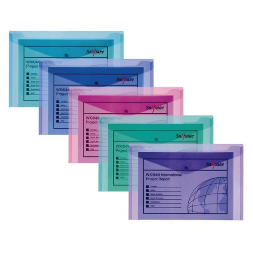 Secure your documents in style with the Snopake Polyfile in bold Electra colours. These envelope style wallets are made of durable polypropylene to protect your documents from damage, scuffing or spills. Each file features a press stud closure for secure filing and comes in large Foolscap Plus size. This pack contains 5 assorted files in pink, purple, turquoise, green and blue.