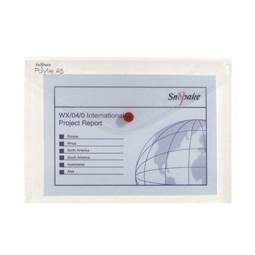 Secure your documents in style with the Snopake Polyfile. These envelope type wallets are made of durable polypropylene to protect your documents from damage, scuffing or spills. Each file features a press-stud closure for security and a clever index tab at the top for organised filing. Suitable for A5 filing, this pack contains 5 clear Polyfiles.