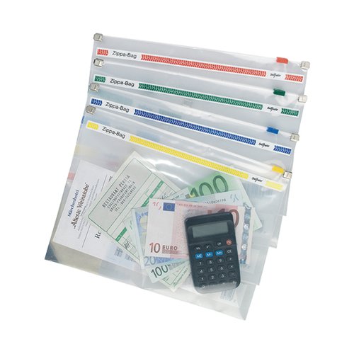 Ideal for filing and storage, this Snopake Zippa-Bag features a smooth action, plastic zip closure for security and easy access to contents. The Zippa-Bag is clear for quick identification of contents with assorted colour zip strips for colour coordinated filing. Suitable for filing up to 100 sheets of A5 paper, each bag measures 250 x 180mm. This pack contains 25 Zippa-Bags with assorted colour zip strips.