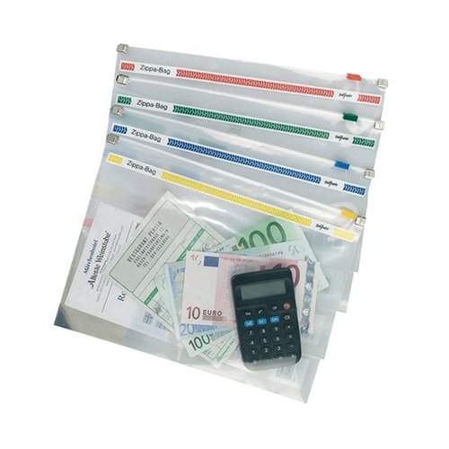 Ideal for filing and storage, this Snopake Zippa-Bag features a smooth action, plastic zip closure for security and easy access to contents. The Zippa-Bag is clear for quick identification of contents with assorted colour zip strips for colour coordinated filing. Suitable for filing up to 100 sheets of A4 paper, each bag measures 355 x 235mm. This pack contains 25 Zippa-Bags with assorted colour zip strips.