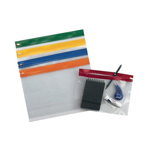 This transparent, flexible Snopake Zippa-Bag 'S' has a tough plastic closure with a metal zip pull for securing contents. Ideal for filing, storage and organisation in the office or home, this pack contains 25 bags with assorted colour zip strips for easy identification. These bags are A5 in size.