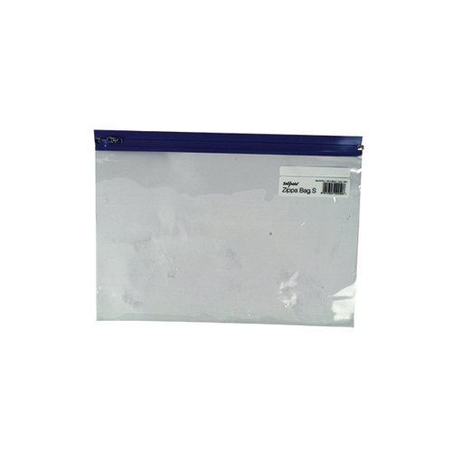 This transparent, flexible Snopake Zippa-Bag 'S' has a tough plastic closure with a metal zip pull for securing contents. Ideal for filing, storage and organisation in the office or home, this pack contains 25 bags with blue zip strips for easy identification. These bags are A4+ in size.