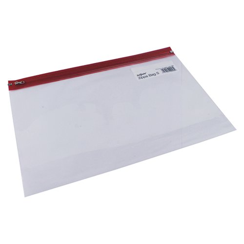 This transparent, flexible Snopake Zippa-Bag 'S' has a tough plastic closure with a metal zip pull for securing contents. Ideal for filing, storage and organisation in the office or home, this pack contains 25 bags with red zip strips for easy identification. These bags are A4+ in size.