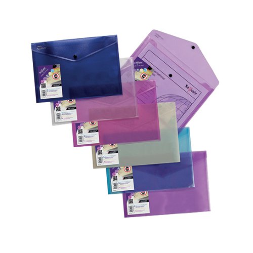 Secure your documents in style with the Snopake Polyfile in exciting Lite colours. These envelope style wallets are made of durable 0.18mm thick polypropylene to protect your documents from damage, scuffing or spills. Each file features a press stud closure for secure filing and comes in A4 size. This pack contains 5 assorted files in light blue, dark blue, pink, purple and parchment.