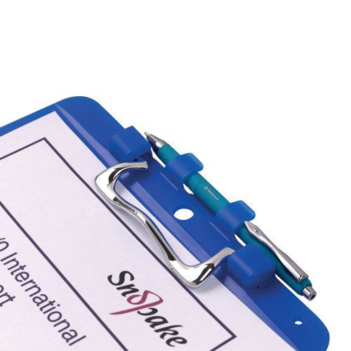 SK22266 | This stylish blue Snopake clipboard with pen holder is ideal for holding unpunched loose papers, forms and documents. This strong, yet lightweight clipboard is manufactured from tough 2.3mm thick polypropylene and features a heavy duty ergonomic metal clip to secure your paperwork. This clipboard allows you to easily and safely transport important documents. With the convenient, built-in pen holder you are able to ensure everything you need is stored in one place. With the handy integrated hole for hanging your clipboard, making it accessible, and saving on desk space. Includes a string hole, allowing you to attach an additional pen or pencil to the clipboard.