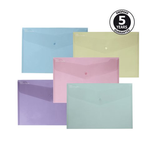 SK22348 | This Snopake Reborn Polyfile in foolscap size is ideal for punchless filing, you can store and organiser you documents, photographs and artwork in perfect condition in the water-resistant wipe-clean folder. Foolscap size is ideal for storing large envelopes and materials too big for traditional A4 popper wallets. Snopake ReBorn is made from 100% recycled, heavy-gauge and tough polypropylene, the responsible and eco-friendly choice. with a 5 year guarantee. The attractive transparent superline finish in soft pastel hues, is ideal for quick and easy identification of contents, secured by a colour coordinated press-stud closure.