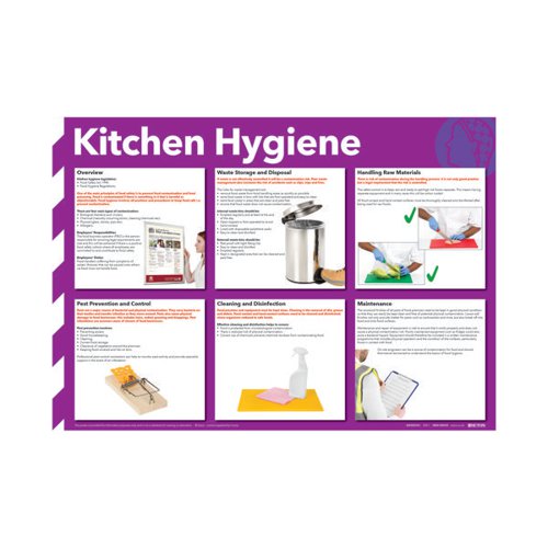 SR11129 | Promote health and safety regulations and prevent cross-contamination with this handy instructional wall poster. Using clear, concise text and full colour illustrations, this wall chart details guidance on kitchen hygiene. Suitable for hanging in kitchens or food preparation areas, as well as for use as a training tool, this wall chart has the most up-to-date and relevant information for the health and safety of all site users. This poster measures 420x594mm.