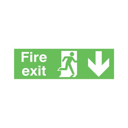 Safety Sign Niteglo Fire Exit Running Man Arrow Down 150x450mm PVC FX04211M - Signs and Labels - SR11153 - McArdle Computer and Office Supplies