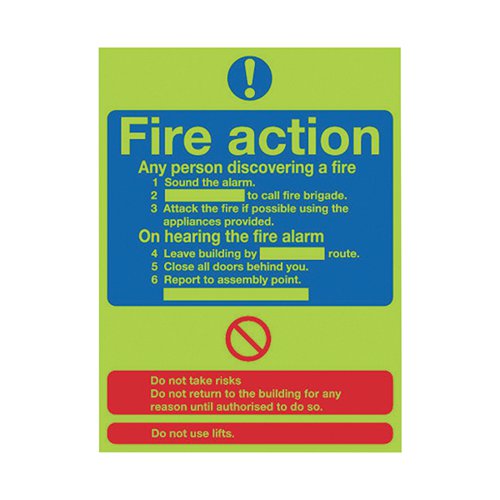 Safety Sign Niteglo Fire Action 300x250mm PVC FR03527M Fire Safety Signs SR11155