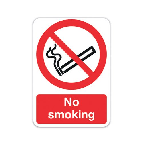 This sign indicates areas where smoking is prohibited, keeping customers, visitors and employees informed. The sign uses a universal colour scheme and recognisable symbol, which conforms to BS EN ISO 7010 and is instantly recognisable. This rigid PVC sign is A5 in size.