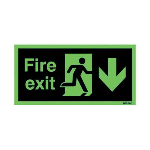 Safety Sign Niteglo Fire Exit Running Man Arrow Down Self-Adhesive 150x450mm NG28A/S - SR71671
