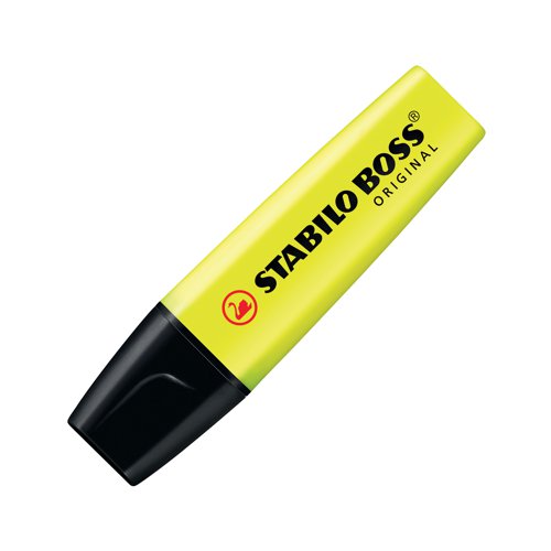 The Stabilo Boss Original is Europe's best selling, most popular highlighter. With its distinctive shape and ultra fluorescent colours, it is a high quality highlighter that writes further, lasts longer and will not dry out. The wedge shape tip can be used to draw broad and fine lines, making it perfect for highlighting, underlining text and even colouring. The Anti Dry Out Technology means the cap can be left off for up to 4 hours and the super bright colours will not fade. This pack contains 10 yellow highlighters on single hanging blister cards.