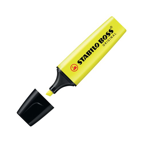 The Stabilo Boss Original is Europe's best selling, most popular highlighter. With its distinctive shape and ultra fluorescent colours, it is a high quality highlighter that writes further, lasts longer and will not dry out. The wedge shape tip can be used to draw broad and fine lines, making it perfect for highlighting, underlining text and even colouring. The Anti Dry Out Technology means the cap can be left off for up to 4 hours and the super bright colours will not fade. This pack contains 10 yellow highlighters on single hanging blister cards.