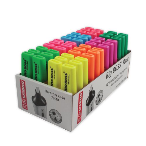 The Stabilo Boss Original is Europe's best selling, most popular highlighter. With its distinctive shape and ultra fluorescent colours, it is a high quality highlighter that writes further, lasts longer and will not dry out. The wedge shape tip can be used to draw broad and fine lines, making it perfect for highlighting, underlining text and even colouring. The Anti Dry Out Technology means the cap can be left off for up to 4 hours and the super bright colours will not fade. This pack contains 6 of each yellow, green, orange, pink, blue, red, turquoise and lilac.