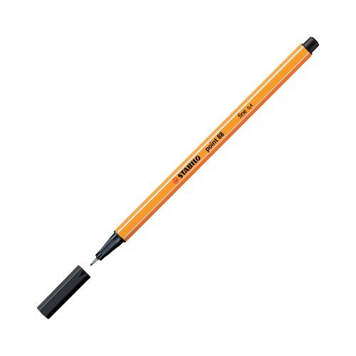Stabilo point 88 is the perfect pen for fine writing, detailed colouring, underlining, marking and mind-mapping in the widest variety of colours. The iconic design and orange and white stripes of Stabilo point 88 are recognised around the world as a mark of quality and durability. The hexagonal shaped barrel makes this pen extremely comfortable to hold and the metal enclosed fine fibre tip is strong and durable and perfect for use with rulers and stencils. The 0.4mm line width of point 88 is extremely popular with writers who like a very fine nib and with sketchers, graphic artists and students. The huge variety of colours make it the perfect choice for intricate colouring, notetaking, mind-mapping and journaling and diaries. This pack cotains 10 black pens.