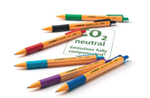 A high quality Stabilo ballpoint pen with excellent environmental credentials. All CO2 emissions for this pen are fully compensated. Stabilo Pointball is a high quality, refillable ballpoint pen with a soft grip zone for comfortable, controlled writing. With medium tip, writing a line width of 0.5mm, the pen features long- lasting, fast-flowing document-proof ink, that will not fade. This pack contains 10 blue pens.