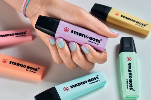 The Stabilo Boss Original is Europe's best selling, most popular highlighter. With a distinctive shape and pastel colours, it is a high quality highlighter that writes further, lasts longer and will not dry out. The wedge shape tip can be used to draw broad and fine lines, making it perfect for highlighting, underlining text and even colouring. The Anti Dry Out Technology means the cap can be left off for up to 4 hours. Thes Pastel shades are more subtle than the original fluorescent colours and easier to read through. This pack contains 6 assorted pastel colours of hint of mint, pink blush, touch of turquoise, lilac haze, creamy peach and milky yellow.