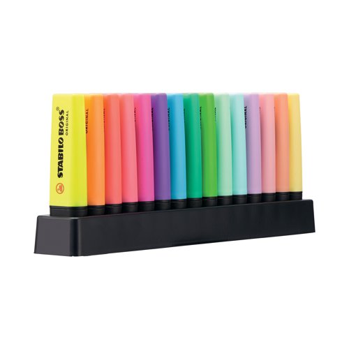 The Stabilo Boss Original is Europe's best selling, most popular highlighter. With it's distinctive shape and wide variety of colours, it is a high quality highlighter that writes further, lasts longer and will not dry out. The wedge shape tip can be used to draw broad and fine lines, making it perfect for highlighting, underlining text and even colouring. The Anti Dry Out Technology means the cap can be left off for up to 4 hours and the colours will not fade. This Deskset contains the following colours: Yellow, Orange, Green, Pink, Blue, Red, Lilac, Lavender, Turquoise, Milky Yellow, Creamy Peach, Hint of Mint, Touch of Turquoise, Pink Blush and Lilac Haze.