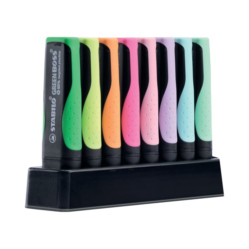 SS57284 | If you attach great importance to the environment then Stabilo Green Boss is the highlighter of choice for you. The Stabilo Green Boss desk set contains four neon and four pastel highlighters all manufactured using 83% recycled plastic. The stand itself is made from a 100% recycled plastic. Stabilo Green Boss is the same unique and distinctive shape as Stabilo Boss Original, contains the same high quality ink, has a 4 hour cap off time and a writing length of up to 375m. Help save our environment by using products out of our Green range.