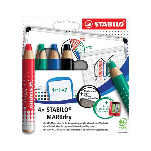 The Stabilo MARKdry marker pencil is ideal for use on whiteboards, chalkboards, show me boards, glass and flipcharts. Easily erased with a damp or dry cloth on non-porous surfaces or washed off hands and clothes, these sustainable pencils with odourless and solvent-free lead last up to six times longer than a liquid whiteboard marker. This pack includes a wallet of four MARKdry pencils along with a microfibre cloth and a sharpener.