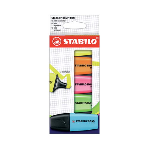 SS58307 | The quality you would expect from Stabilo Boss Original in a mini version that fits in your pocket or pencil case. Stabilo Boss Miniis perfect for use in the office, the classroom, at home or on the move. This pack contains 5 neon colours.