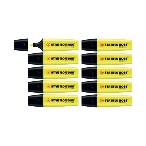 The Stabilo Boss Original is Europe's best selling, most popular highlighter. With its distinctive shape and ultra fluorescent colours, it is a high quality highlighter that writes further, lasts longer and will not dry out. The wedge shape tip can be used to draw broad and fine lines, making it perfect for highlighting, underlining text and even colouring. The Anti Dry Out Technology means the cap can be left off for up to 4 hours and the super bright colours will not fade. This pack contains 10 yellow highlighters.