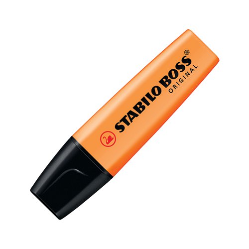 The Stabilo Boss Original is Europe's best selling, most popular highlighter. With its distinctive shape and ultra fluorescent colours, it is a high quality highlighter that writes further, lasts longer and will not dry out. The wedge shape tip can be used to draw broad and fine lines, making it perfect for highlighting, underlining text and even colouring. The Anti Dry Out Technology means the cap can be left off for up to 4 hours and the super bright colours will not fade. This pack contains 10 orange highlighters.