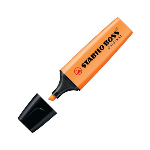 The Stabilo Boss Original is Europe's best selling, most popular highlighter. With its distinctive shape and ultra fluorescent colours, it is a high quality highlighter that writes further, lasts longer and will not dry out. The wedge shape tip can be used to draw broad and fine lines, making it perfect for highlighting, underlining text and even colouring. The Anti Dry Out Technology means the cap can be left off for up to 4 hours and the super bright colours will not fade. This pack contains 10 orange highlighters.