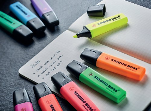 The Stabilo Boss Original is Europe's best selling, most popular highlighter. With its distinctive shape and ultra fluorescent colours, it is a high quality highlighter that writes further, lasts longer and will not dry out. The wedge shape tip can be used to draw broad and fine lines, making it perfect for highlighting, underlining text and even colouring. The Anti Dry Out Technology means the cap can be left off for up to 4 hours and the super bright colours will not fade. This pack contains yellow, green, orange, pink, blue and red.