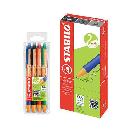 SS811704 | A high quality Stabilo ballpoint pen with excellent environmental credentials. All CO2 emissions for this pen are fully compensated. Stabilo Pointball is a high quality, refillable ballpoint pen with a soft grip zone for comfortable, controlled writing. With medium tip, writing a line width of 0.5mm, the pen features long- lasting, fast-flowing document-proof ink, that will not fade. This pack contains 10 Stabilo Pointball black ink pens plus 4 FREE Stabilo Pointball pens in assorted ink colours.