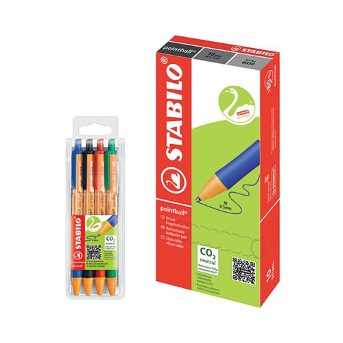 SS811705 | A high quality Stabilo ballpoint pen with excellent environmental credentials. All CO2 emissions for this pen are fully compensated. Stabilo Pointball is a high quality, refillable ballpoint pen with a soft grip zone for comfortable, controlled writing. With medium tip, writing a line width of 0.5mm, the pen features long- lasting, fast-flowing document-proof ink, that will not fade. This pack contains 10 Stabilo Pointball blue ink pens plus 4 FREE Stabilo Pointball pens in assorted ink colours.