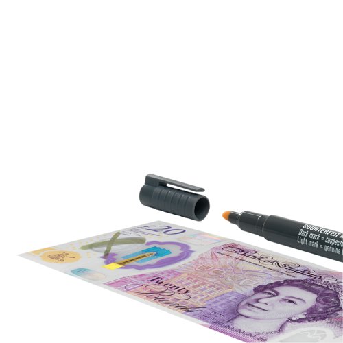 SSC33182 | This Safescan S30 detector pen helps identify counterfeit notes to protect your business against fraud. This handy pen will create a brown or black mark on counterfeit banknotes for instant detection. Great for retail and cash handling businesses. These counterfeit detector pens are suitable for all paper-based currencies, such as the Euro, but they do not work with polymer banknotes that are now in circulation.