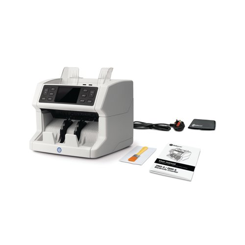 SSC33700 | The Safescan 2850 Banknote Counter easily counts large amounts of banknotes. Rapidly counts sorted banknotes for all currencies while simultaneously verifying them on up to three security features; UV, MG and size. Sorts up to 1,500 banknotes per minute. Has a large hopper capacity and continuous feeding function. Stops counting and presents an audio and visual alarm when a suspected banknote is detected. Provides a detailed message when a suspected banknote is detected. Adds up the number of counted notes across different runs with the add function. Calculates the value per denomination with the calculator function. Creates equal stacks of banknotes with the batch function. Intelligent maintenance notifications to clean the device, ensures a long life cycle.