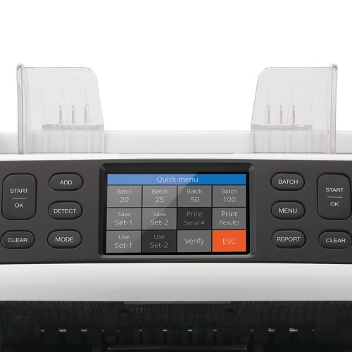 SSC33700 | The Safescan 2850 Banknote Counter easily counts large amounts of banknotes. Rapidly counts sorted banknotes for all currencies while simultaneously verifying them on up to three security features; UV, MG and size. Sorts up to 1,500 banknotes per minute. Has a large hopper capacity and continuous feeding function. Stops counting and presents an audio and visual alarm when a suspected banknote is detected. Provides a detailed message when a suspected banknote is detected. Adds up the number of counted notes across different runs with the add function. Calculates the value per denomination with the calculator function. Creates equal stacks of banknotes with the batch function. Intelligent maintenance notifications to clean the device, ensures a long life cycle.