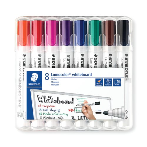 These drywipe marker pens are packed with a fast drying, low odour ink that can be dry wiped from whiteboards and similar smooth surfaces without leaving a trace. With a locked tip to stop the tip from being pushed back into the barrel, these markers provide a consistent line width of 2mm suitable for handwriting.