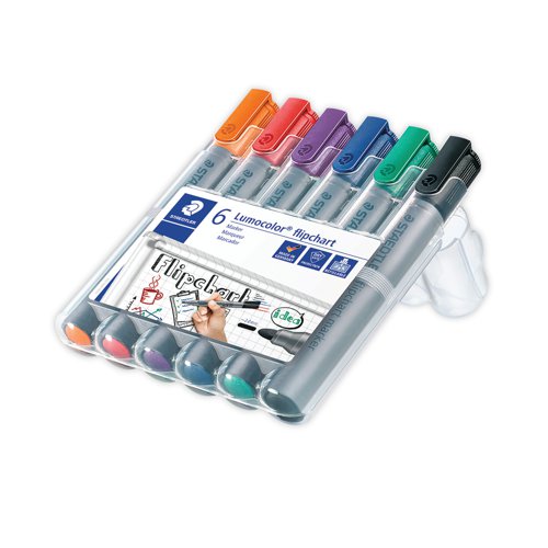 The Lumocolor flipchart markers are ideal for use on paper as the ink does not bleed through. The markers come in a STAEDTLER desktop box, which gives quick access and storage for the markers. Supplied in a pack of 6, the assorted coloured markers have a line width of approximately 2.0mm and the water based ink washes out of many textiles.