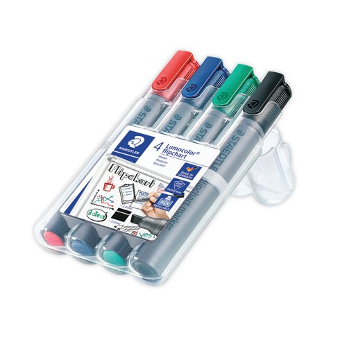 ST35614 | The Lumocolor flipchart markers are ideal for use on paper as the ink does not bleed through. The markers come in a STAEDTLER desktop box, which gives quick access and storage for the markers. Supplied in a pack of 4, the assorted coloured markers have a line width of approximately 2.0mm and the water based ink washes out of many textiles.