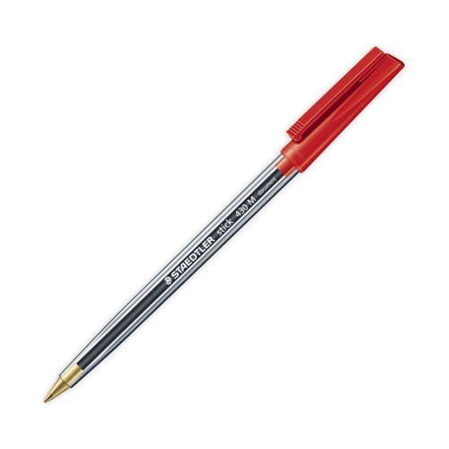 The Staedtler Stick Ballpoint Pen has been designed for daily use in homes, schools and offices. It features a sturdy stainless steel nib that provides a medium 0.35mm line width for a bold and clear red line when writing. It features a snug-fitting cap and clip together with a comfortable hexagonal barrel for writing comfort. This pen is perfect for travelling with automatic pressure equalization that prevents ink leaking when inside an airplane cabin. These red pens are supplied in a bulk pack of 10.