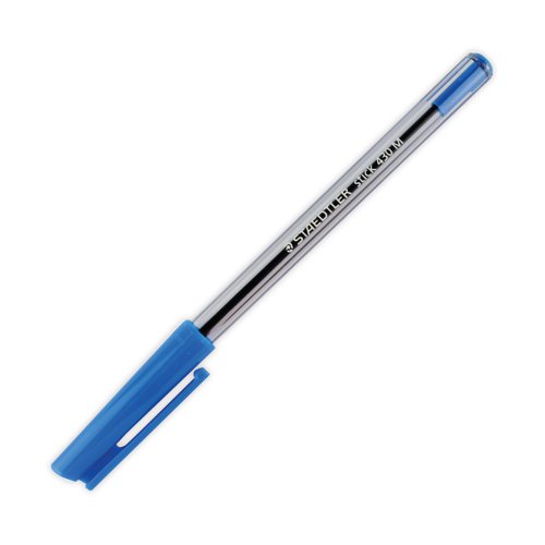 The Staedtler Stick Ballpoint Pen has been designed for daily use in homes, schools and offices. It features a sturdy stainless steel nib that provides a medium 0.35mm line width for a bold and clear blue line when writing. It features a snug-fitting cap and clip together with a comfortable hexagonal barrel for writing comfort. This pen is perfect for travelling with automatic pressure equalization that prevents ink leaking when inside an airplane cabin. These blue pens are supplied in a bulk pack of 10.