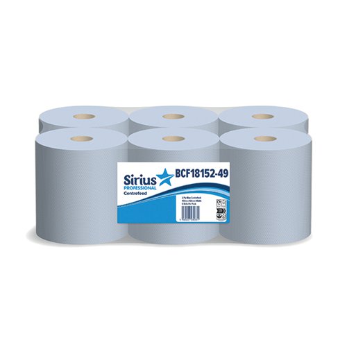 The Sirius 2-ply centrefeed rolls with a removable core. Provides great absorbency and effective cleaning qualities. Ideal for use in offices, schools, hospitals and restaurants for the diverse cleaning tasks that arise in any industry environment. One-handed centrefeed design ensures effortless dispensing, without the need to contact the roll or dispenser, reducing the risk of cross-contamination. Each roll is 166mm wide and 150 metres long. Pack contains 6 rolls. Suitable for use in centrefeed dispensers.
